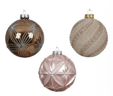 4" Pink & Brown Glitter Glass Ornament Set Of 12