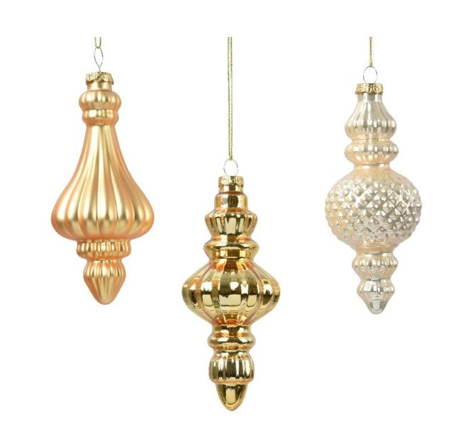6" Pearl & Gold Glass Finial Ornament Set Of 12