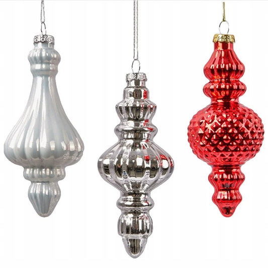 Juego de 12 remates de cristal de 6" en rojo, blanco y plata