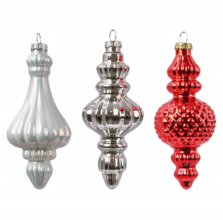 6" Red, White, & Silver Glass Finial Set Of 12