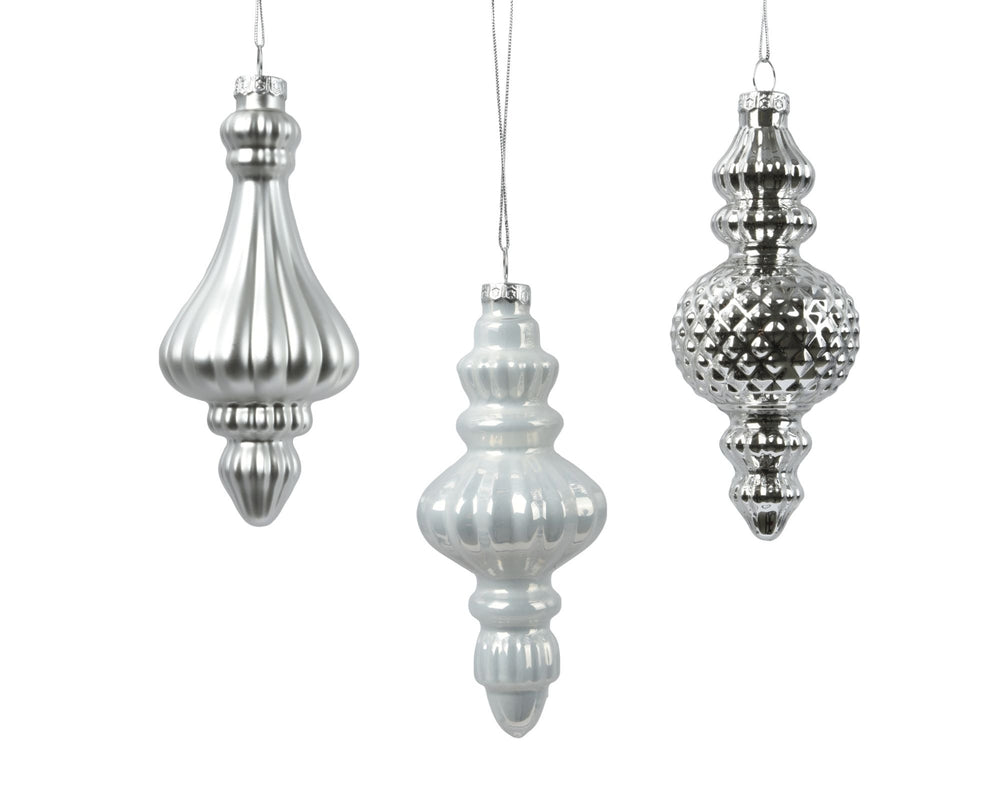 6" Silver Glass Finial Ornament Set Of 12