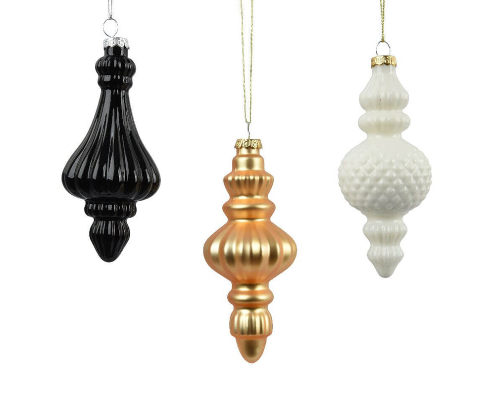 6" White, Gold & Black Glass Finial Assorted Set Of 12