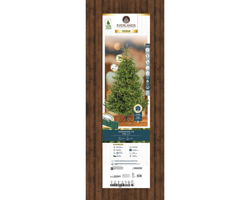 Everlands Christmas tree packaging with a wooden border