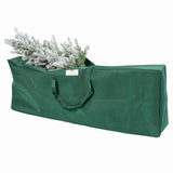 Green tree storage bag with a small evergreen tree inside on a white background