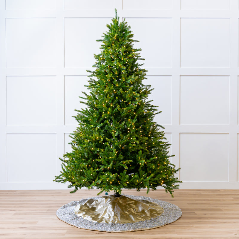 Decorated Christmas tree with lights on a wooden floor against a white paneled wall.