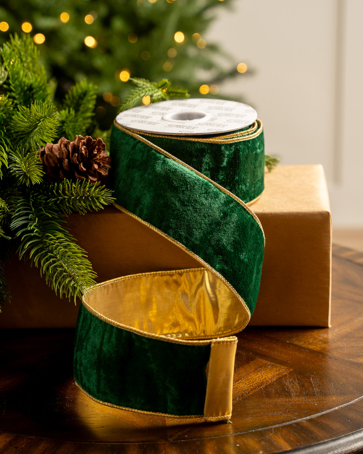 2.5" X 10YD Emerald Velvet Ribbon With Gold Trim Edge