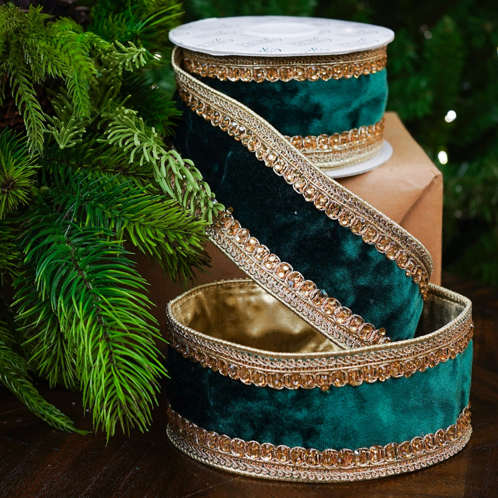 2.5" X 5YD Emerald Velvet Ribbon With Gold Back & Crochet Trim