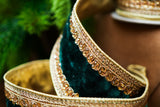 2.5" X 5YD Emerald Velvet Ribbon With Gold Back & Crochet Trim