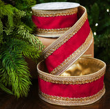 2.5" X 5YD Red Velvet Ribbon With Gold Back & Crochet Trim