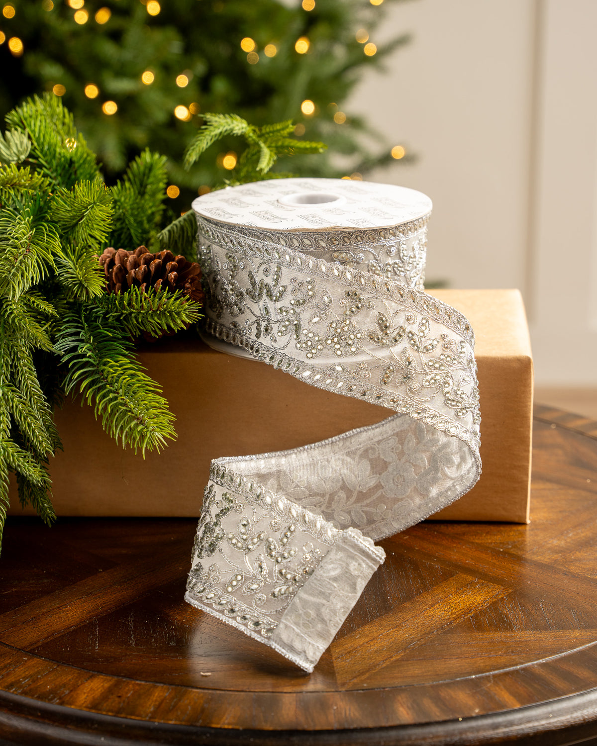 3" X 10YD Silver Jewel Lace Ribbon