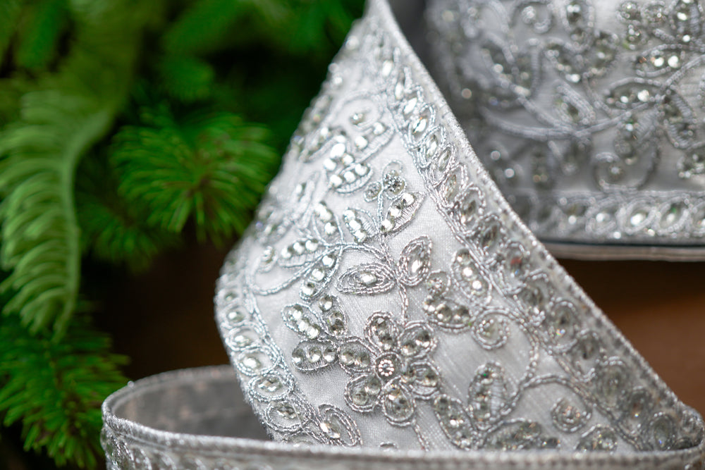 3" X 10YD Silver Jewel Lace Ribbon