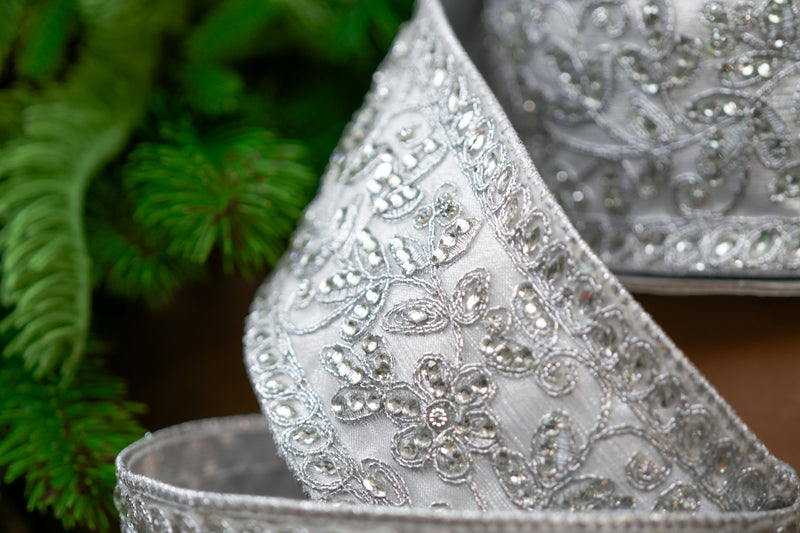 3" X 10YD Silver Jewel Lace Ribbon