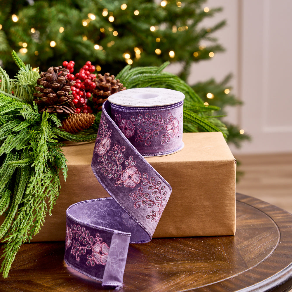 2.5" X 5YD Purple Velvet  Ribbon With Embroidered Floral