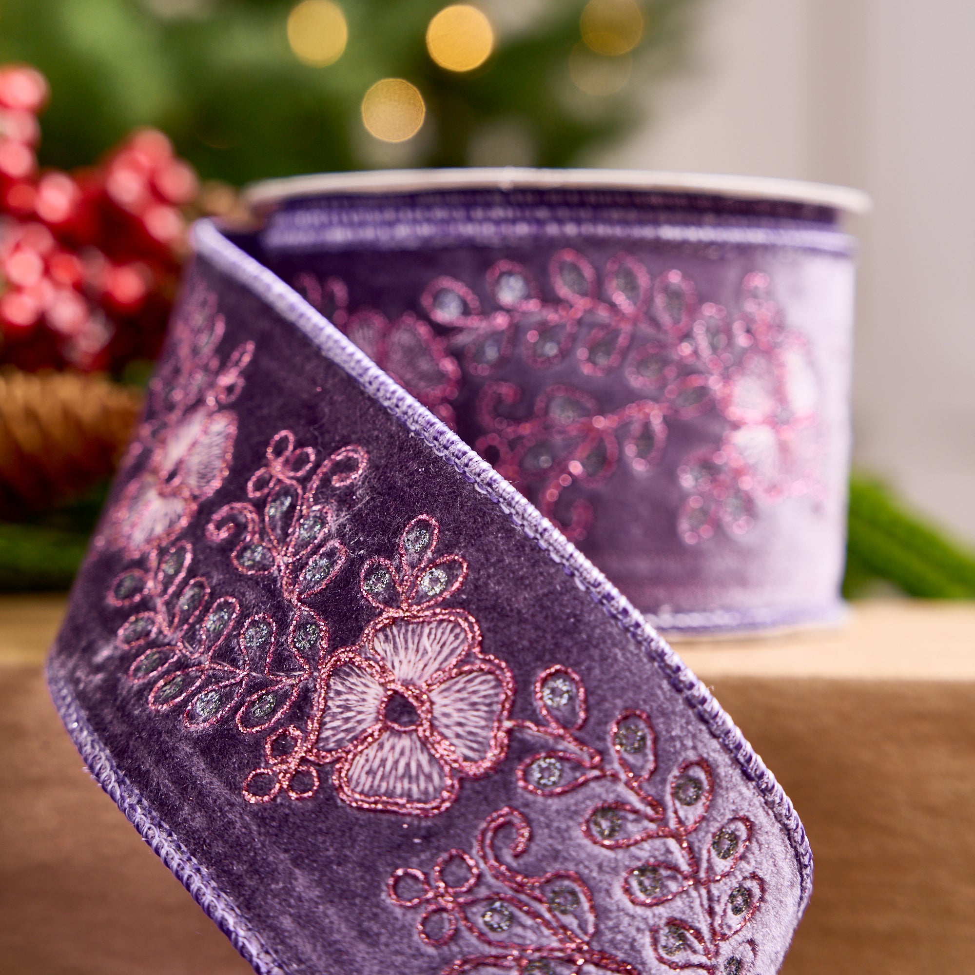 2.5" X 5YD Purple Velvet  Ribbon With Embroidered Floral