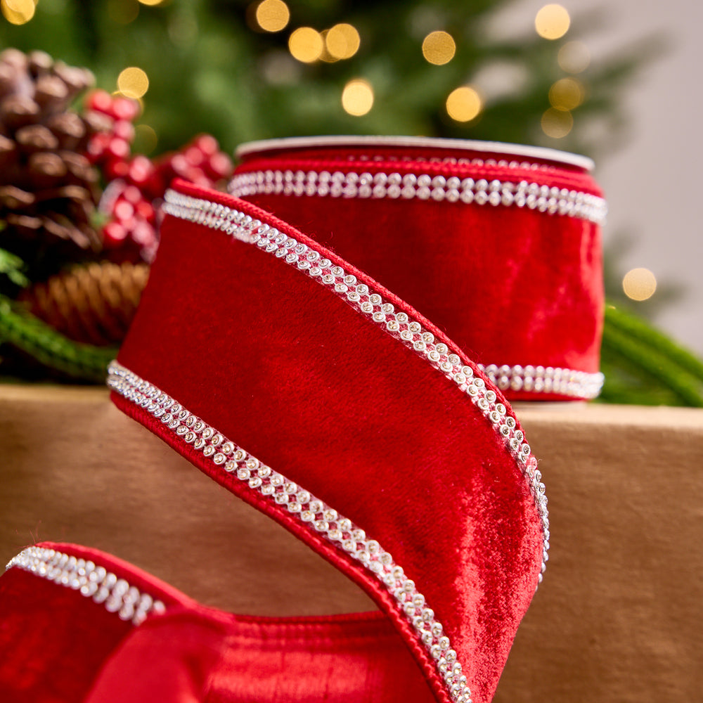 2.5" X 5YD Red Velvet Swarovski Trim Ribbon
