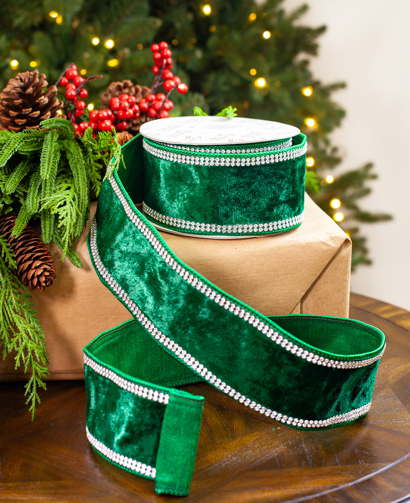 2.5" X 5YD Emerald Velvet Ribbon With Swarovski Trim