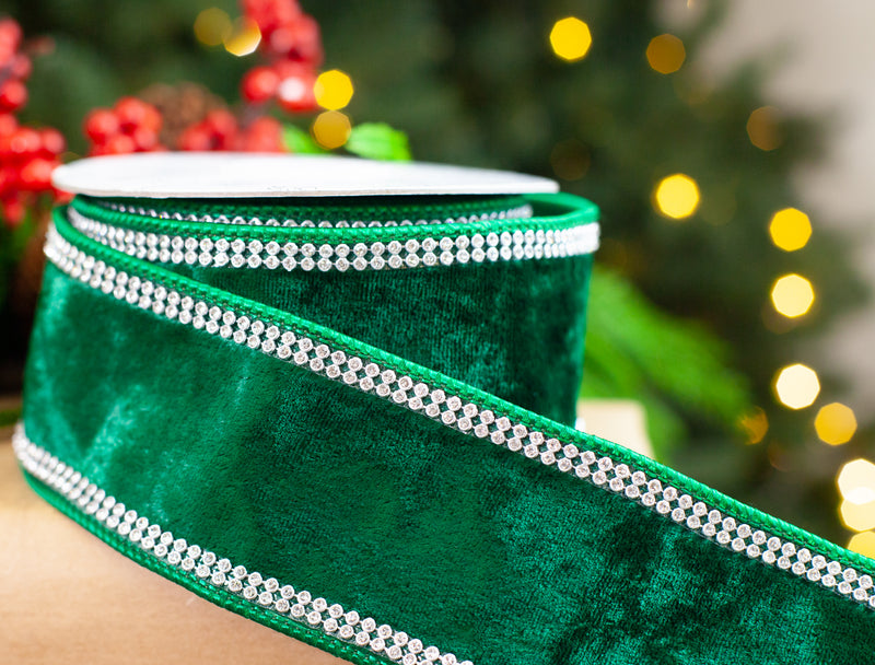 2.5" X 5YD Emerald Velvet Ribbon With Swarovski Trim