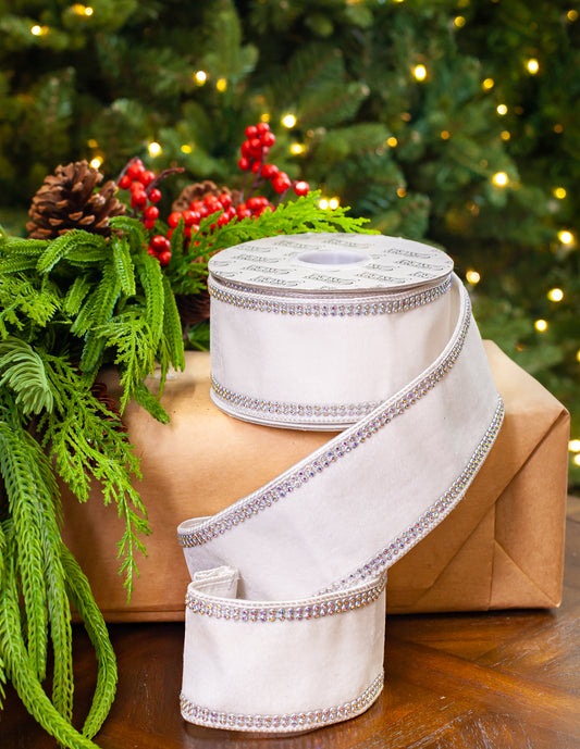 2.5" X 5YD White Velvet Ribbon With Swarovski Trim