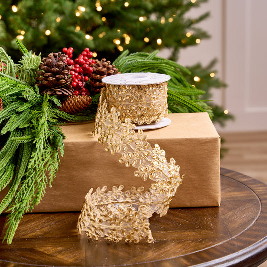 Cinta de adorno floral con cuentas doradas transparentes de 3,8 cm x 4,5 m