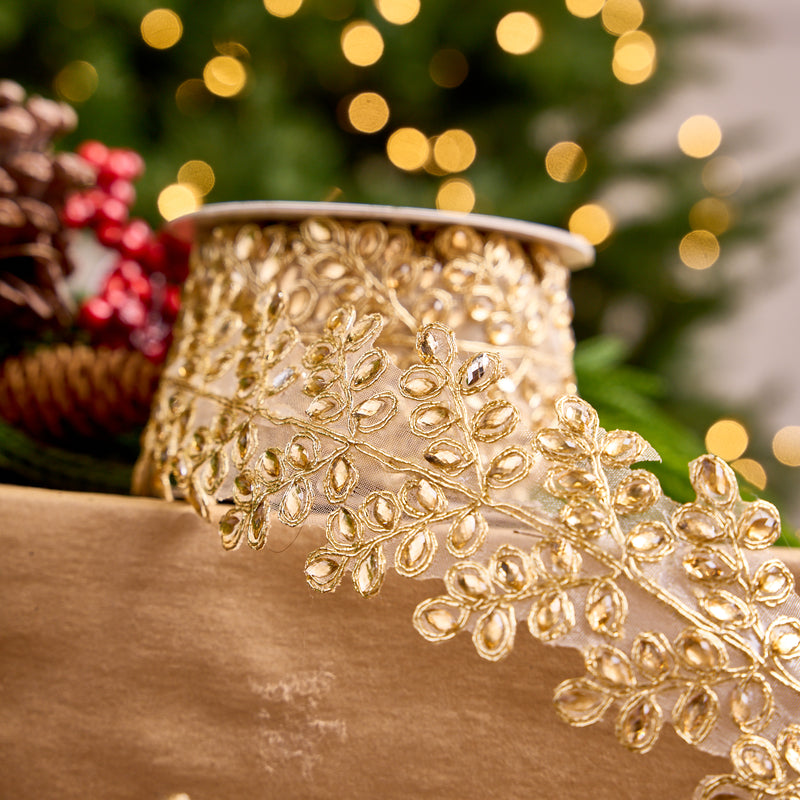 1.5" X 5YD Gold Sheer Beaded Floral Trim Ribbon