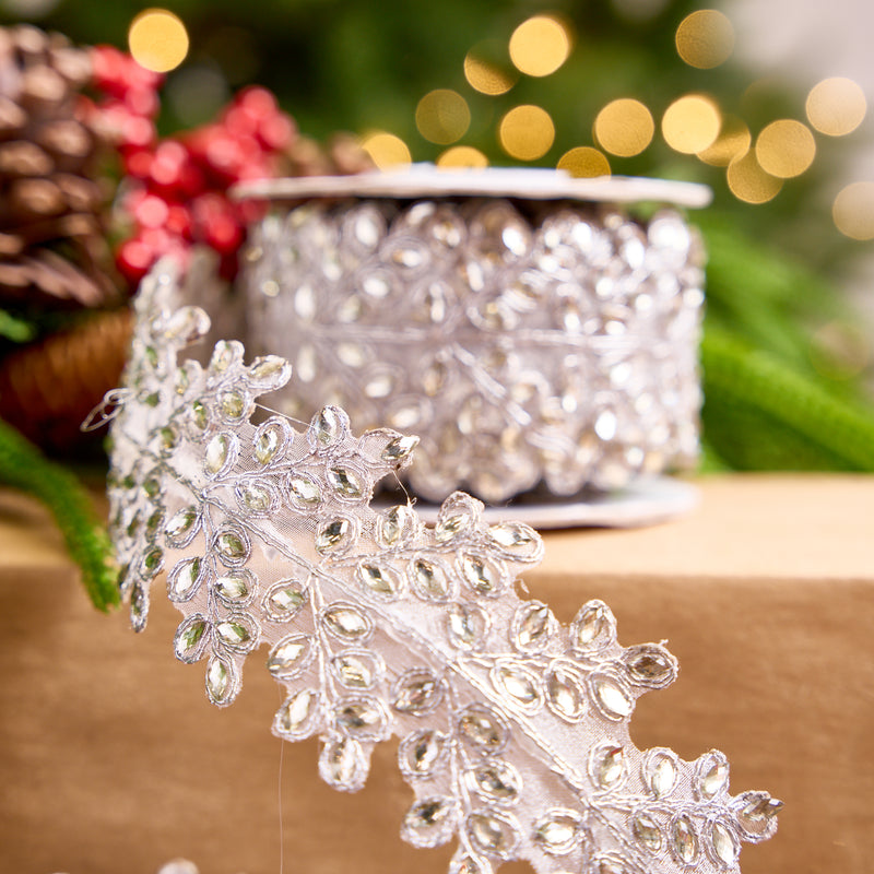 1.5" X 5YD Silver Sheer Beaded Floral Trim Ribbon