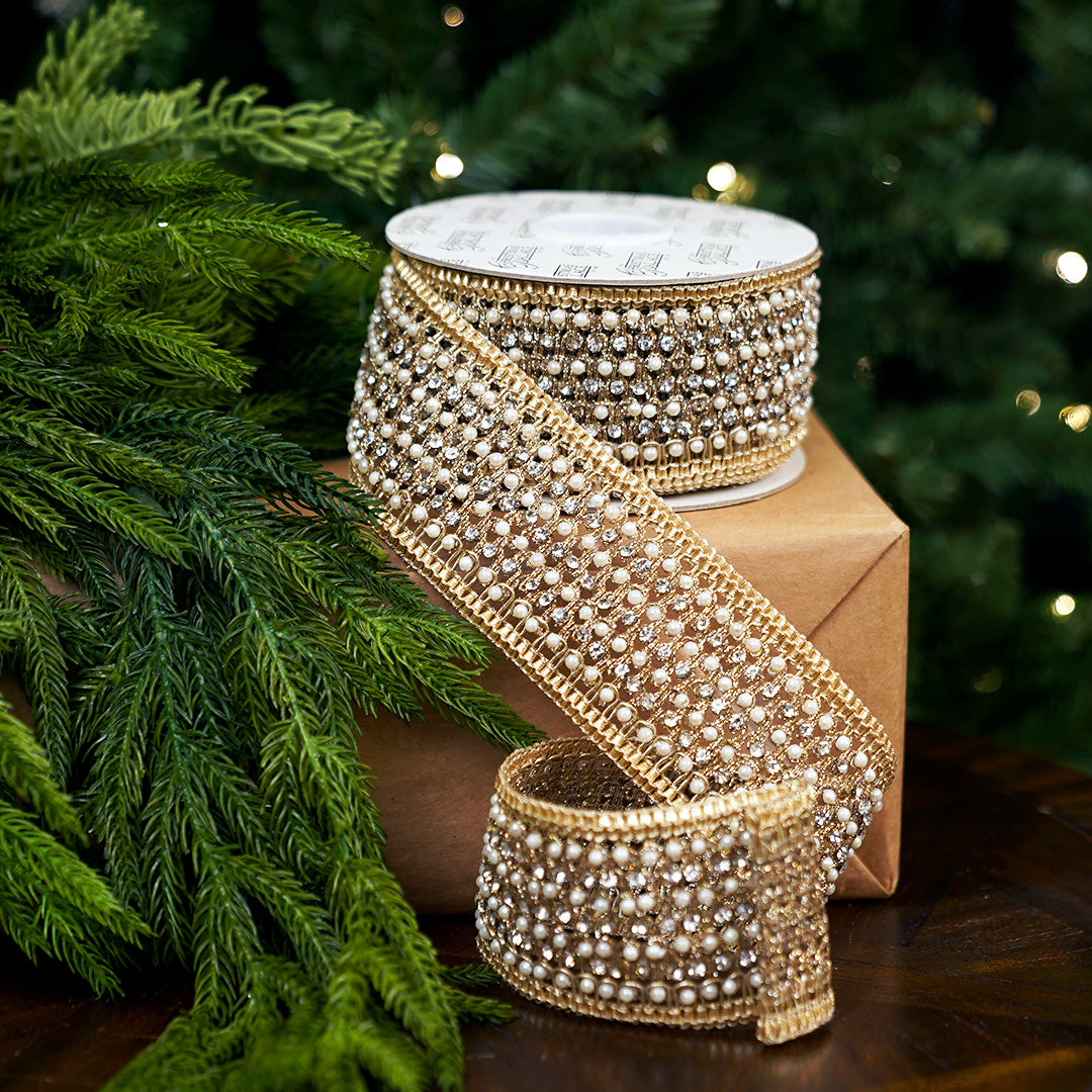 3" X 5YD Gold Beaded Pearl Ribbon