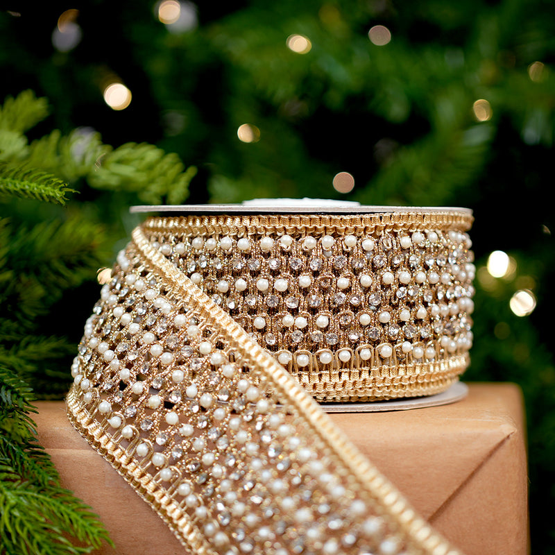 3" X 5YD Gold Beaded Pearl Ribbon