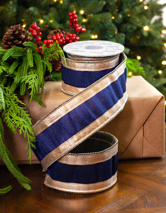 2.5" X 5YD Navy Ribbon With Platinum Edge