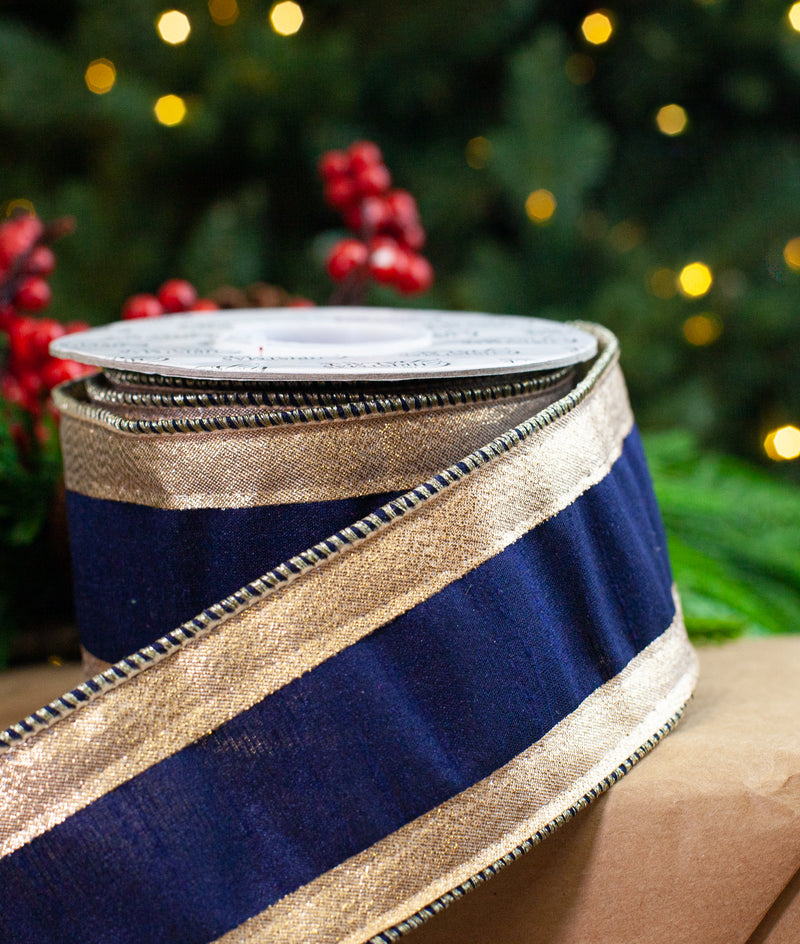 2.5" X 5YD Navy Ribbon With Platinum Edge