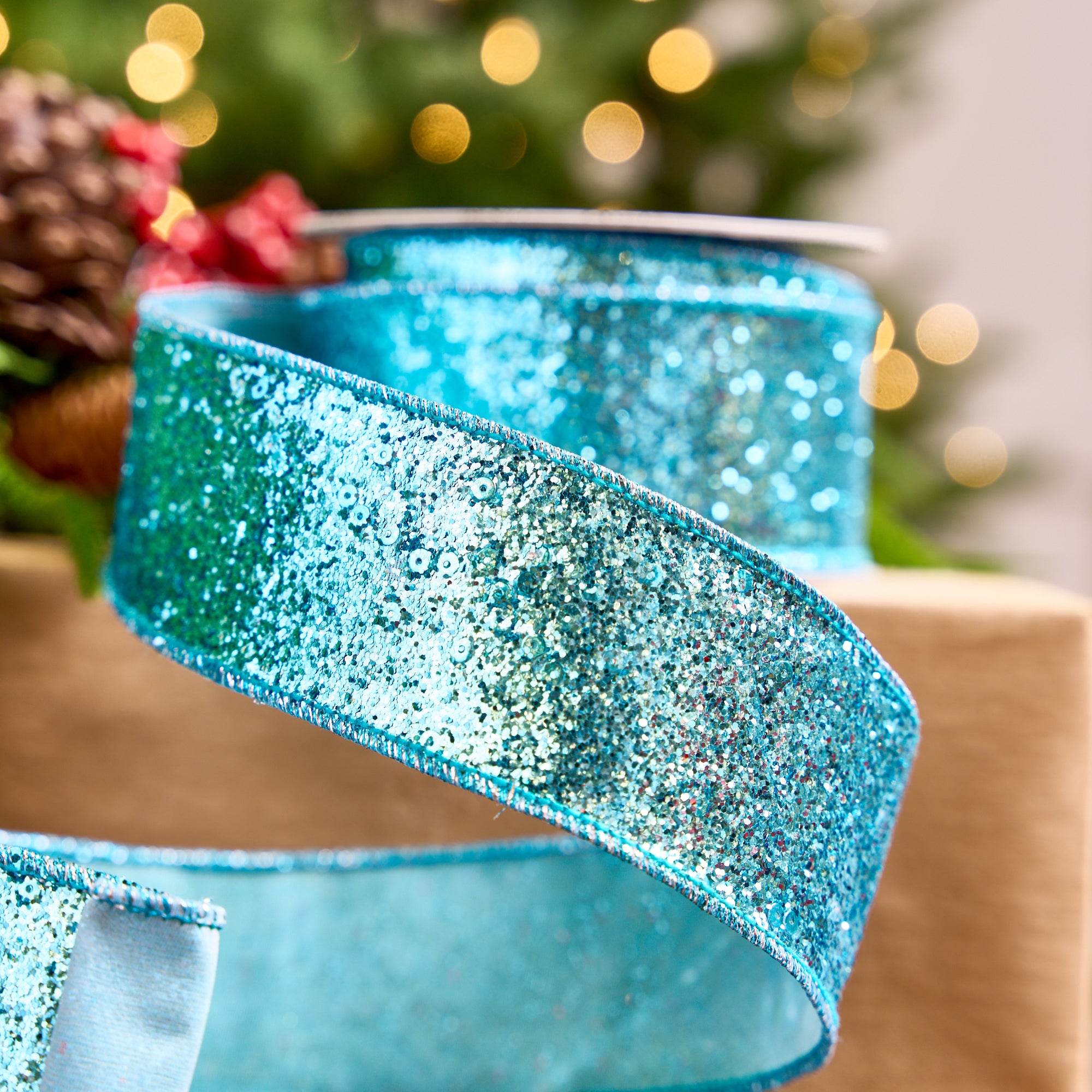 2.5" X 5YD Turquoise Glitter Ribbon