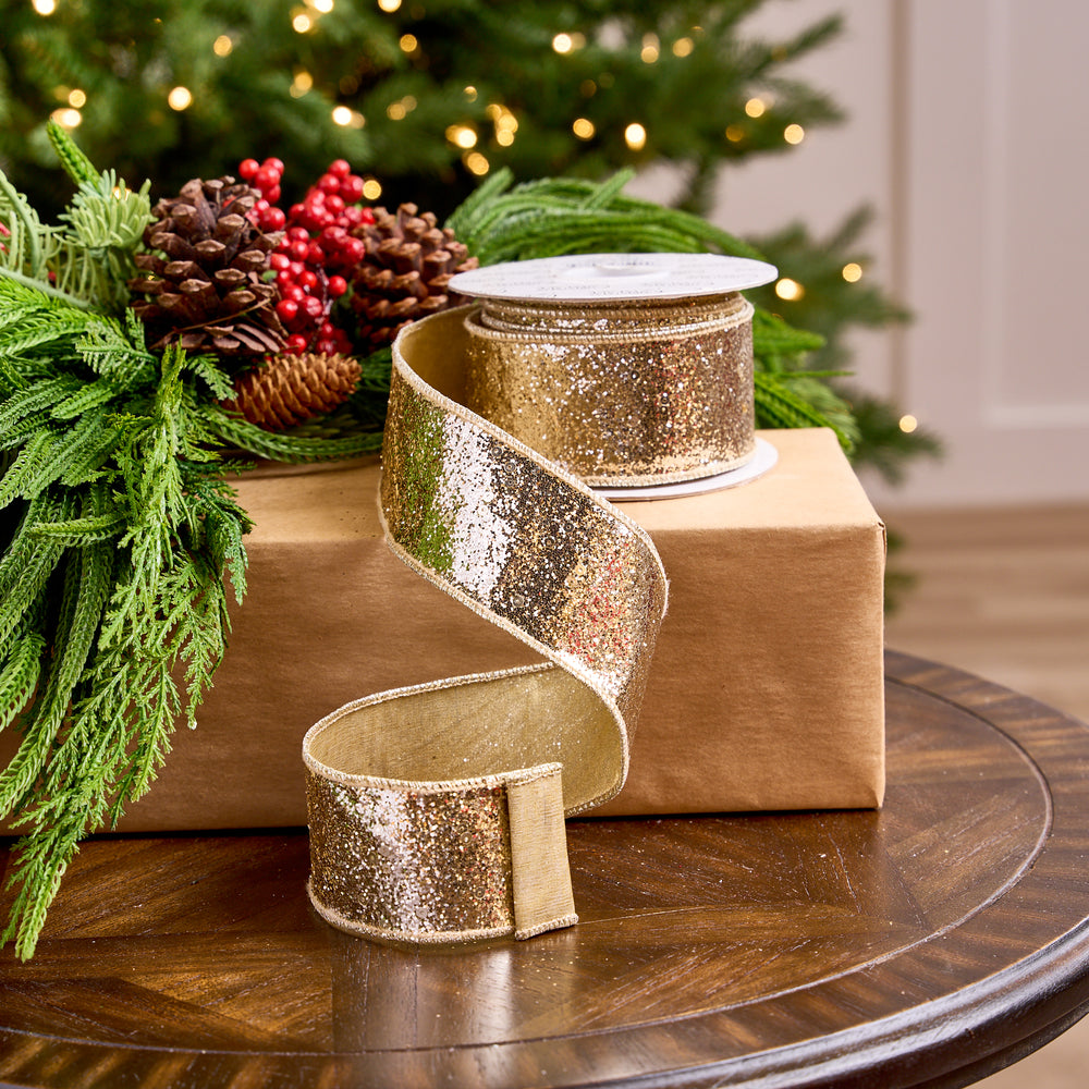 2.5" X 5YD Gold Platinum Glitter Ribbon With Gold Platinum Back