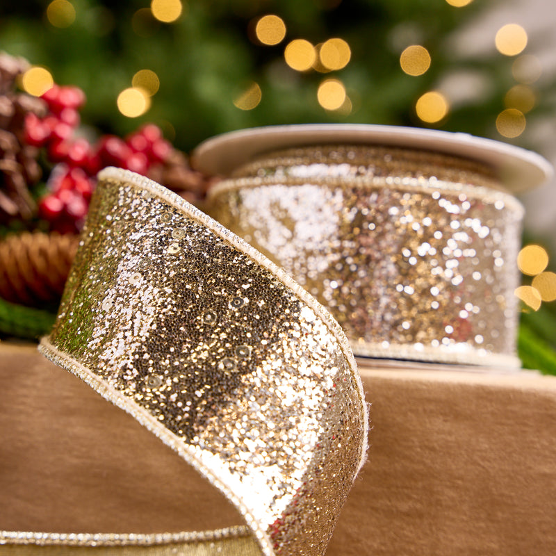 2.5" X 5YD Gold Platinum Glitter Ribbon