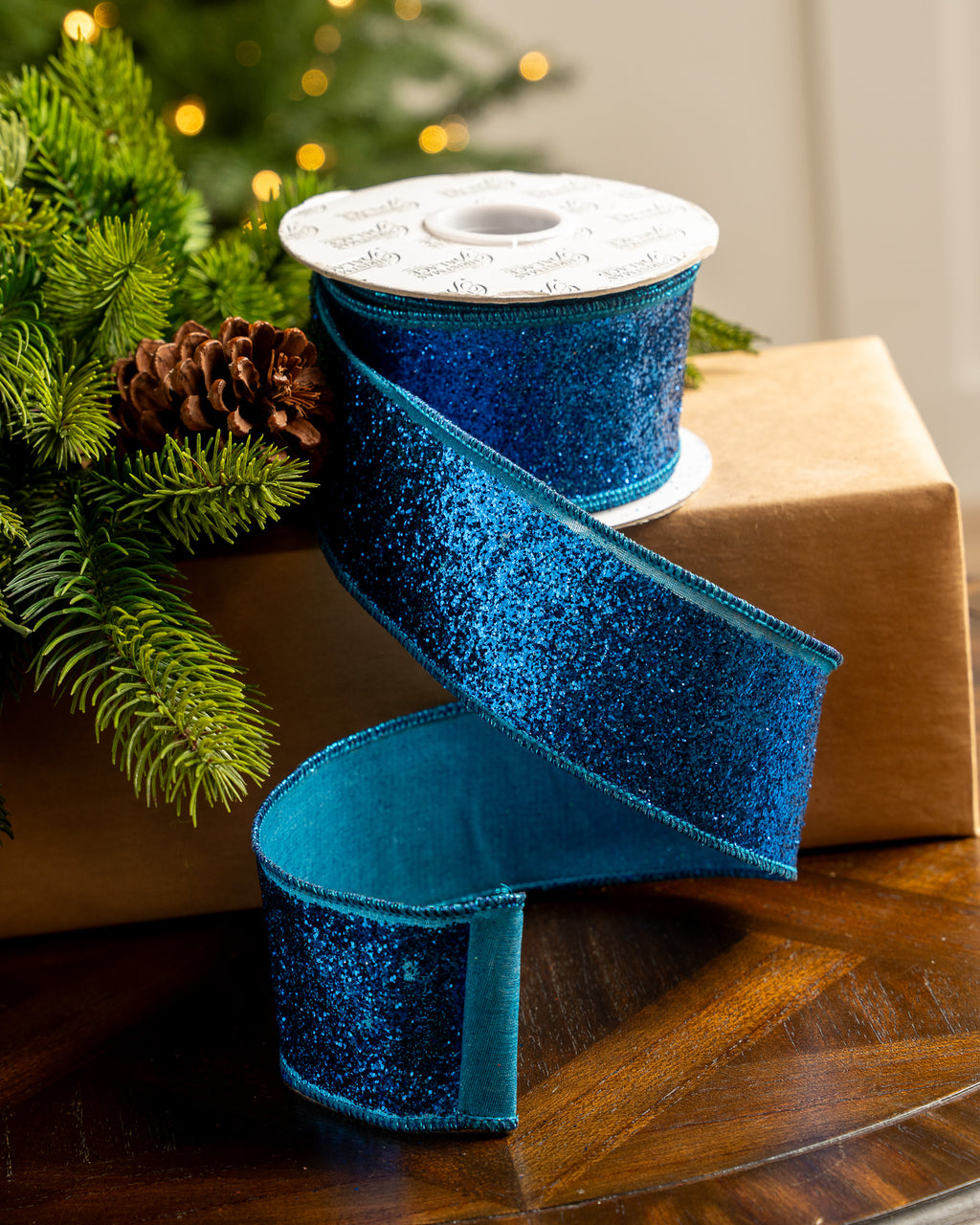 MEEDEE Blue Glitter Ribbon Blue Christmas Ribbon Blue Wired Ribbon 2.5 Inch  Metallic Ribbon Turquoise Ribbon by 25 Yards Blue Ribbon for Christmas