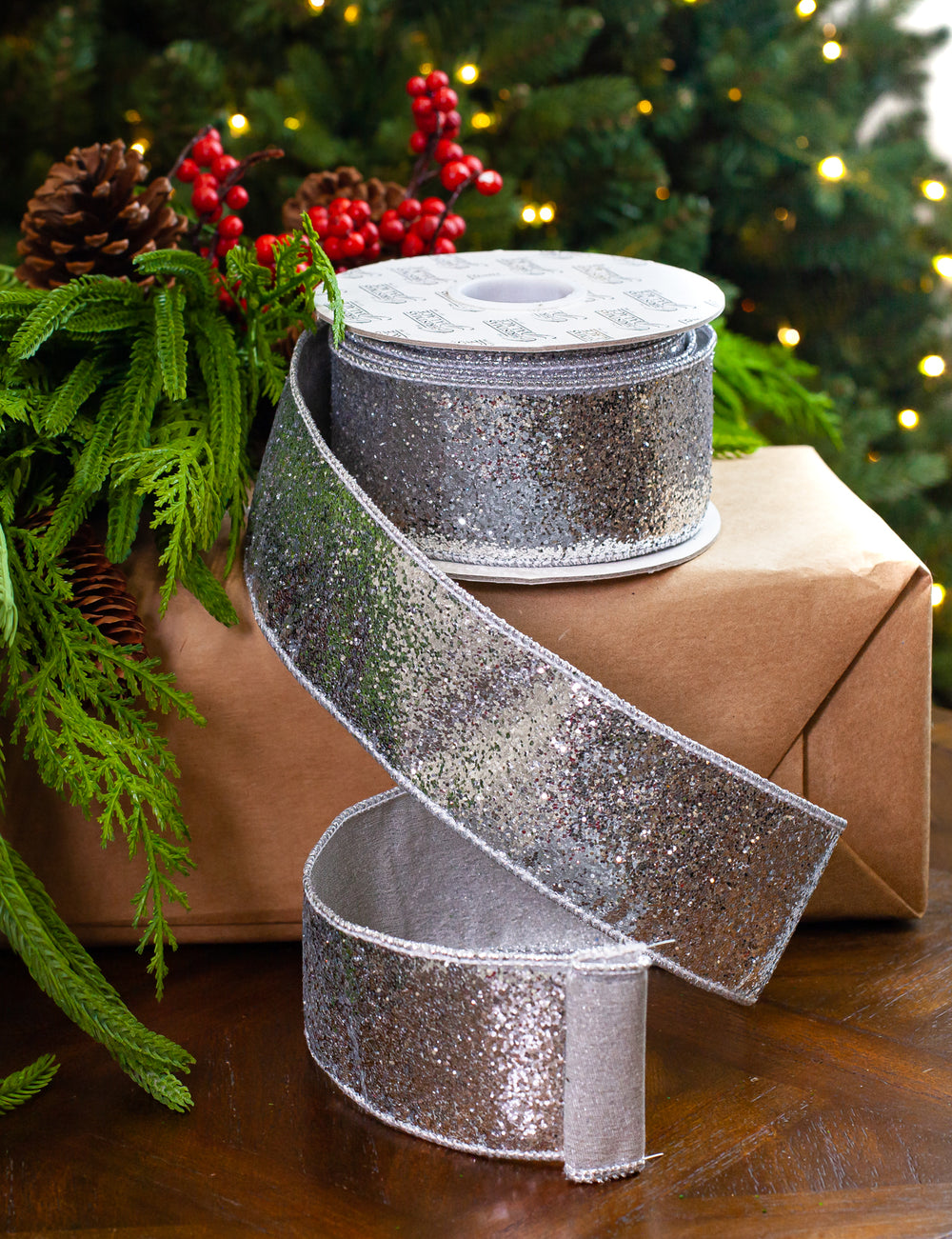 2.5" X 10YD Silver Glitter Ribbon