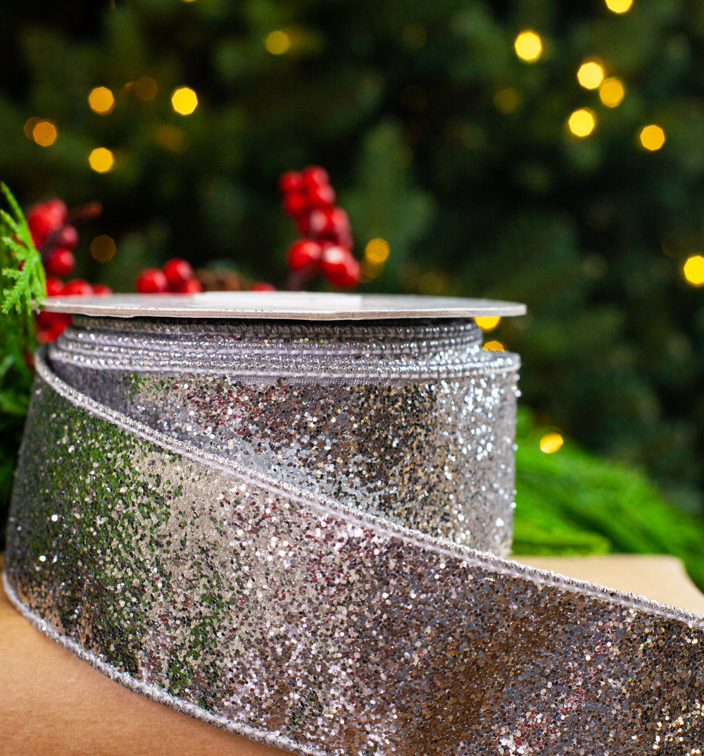 2.5" X 10YD Silver Glitter Ribbon