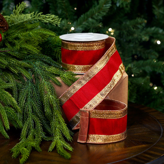 2.5" X 5YD Red Ribbon With Dark Gold Edge Trim