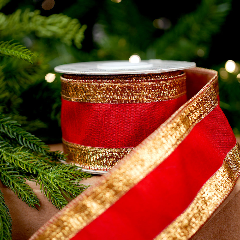 2.5" X 5YD Red Velvet Ribbon With Gold Edge Trim