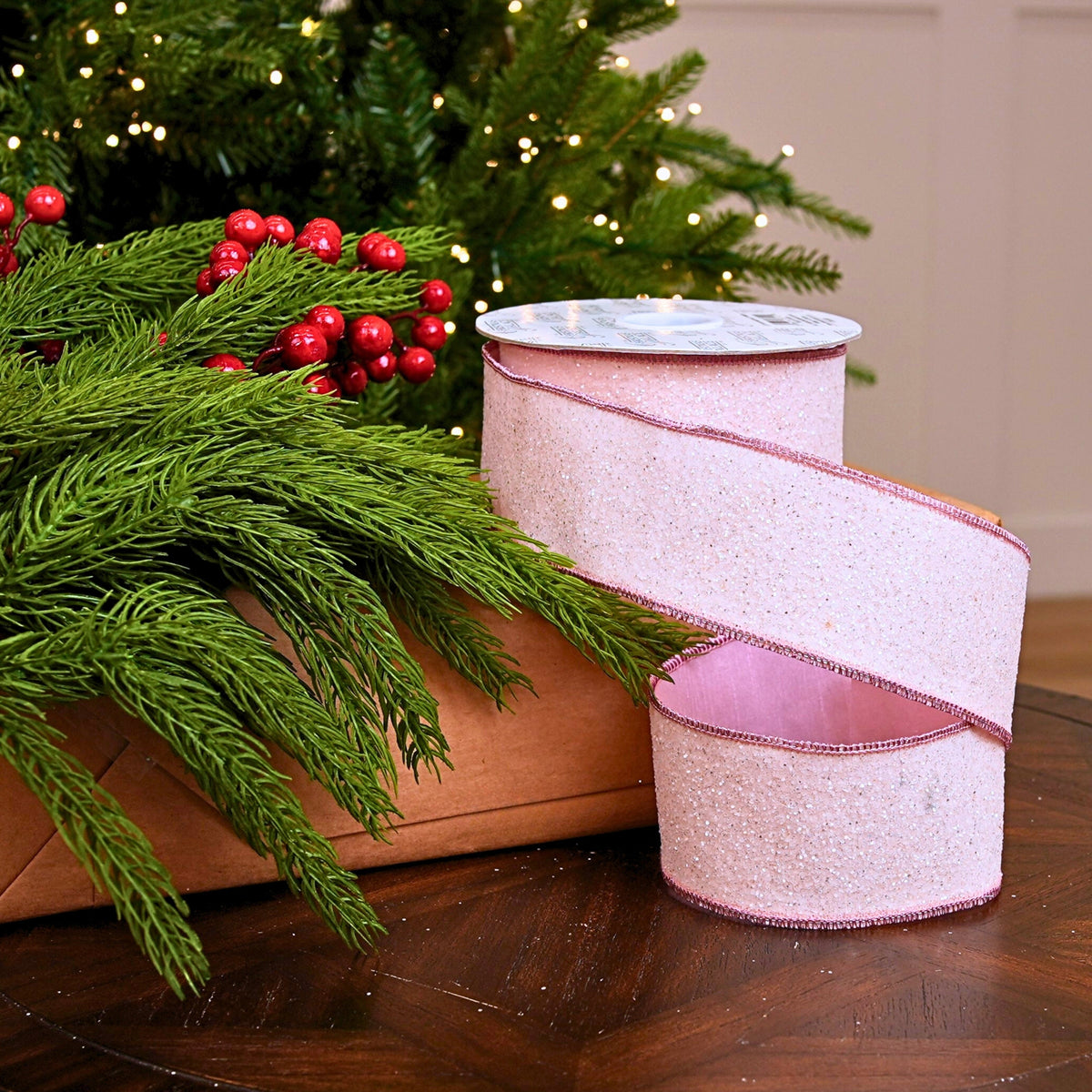 2.5" X 10YD Pink Ribbon With White Glitter