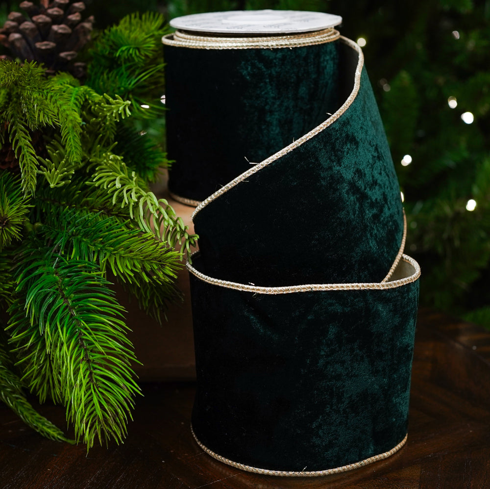 4" X 10YD Emerald Green Velvet Ribbon With Gold Back & Edge