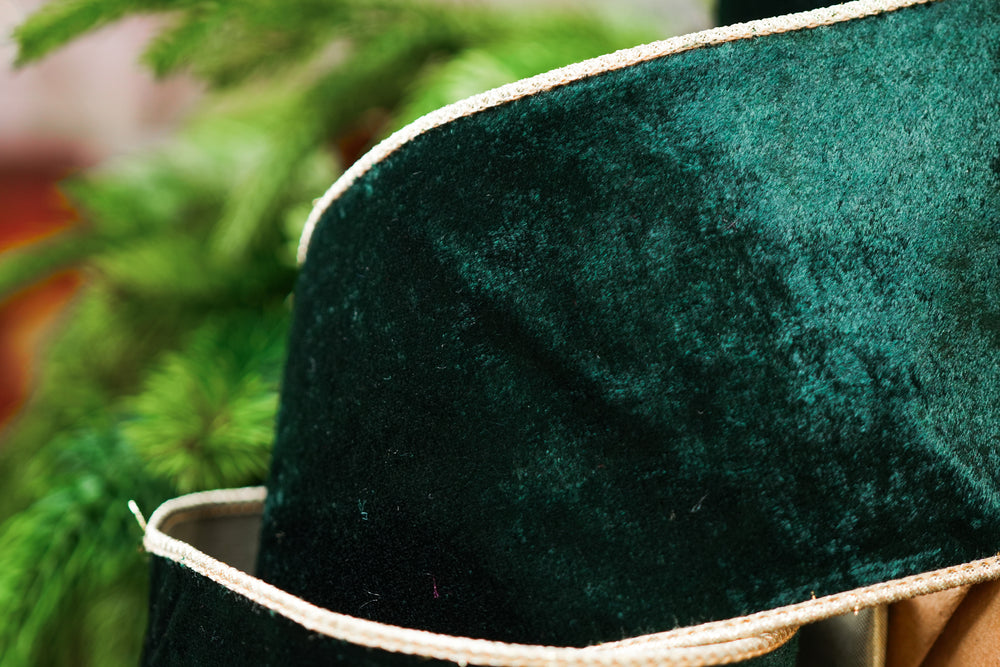 4" X 10YD Emerald Green Velvet Ribbon With Gold Back & Edge