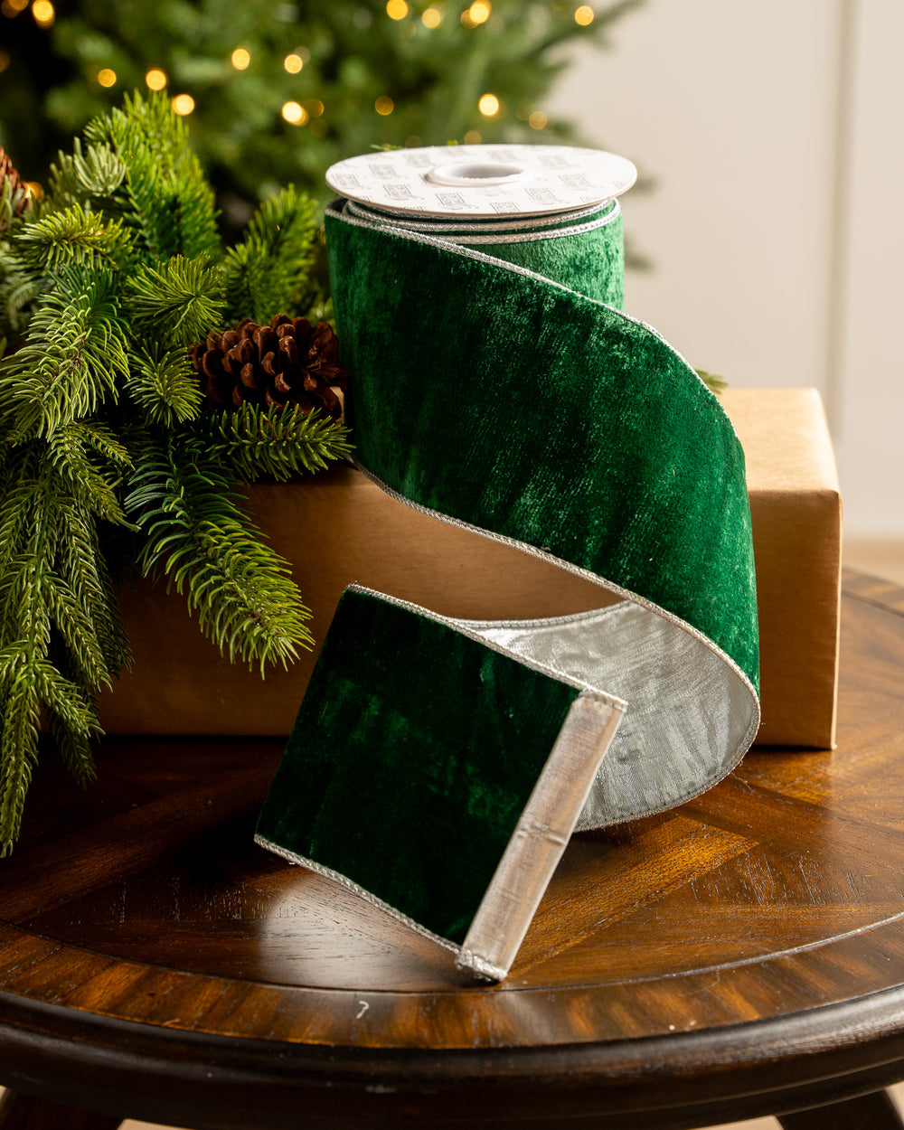 4" X 10YD Emerald Velvet Ribbon With Silver Back & Edge
