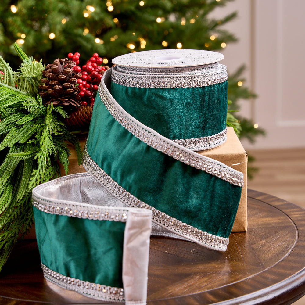 4" X 10YD Emerald Velvet Ribbon With Silver Crochet Trim