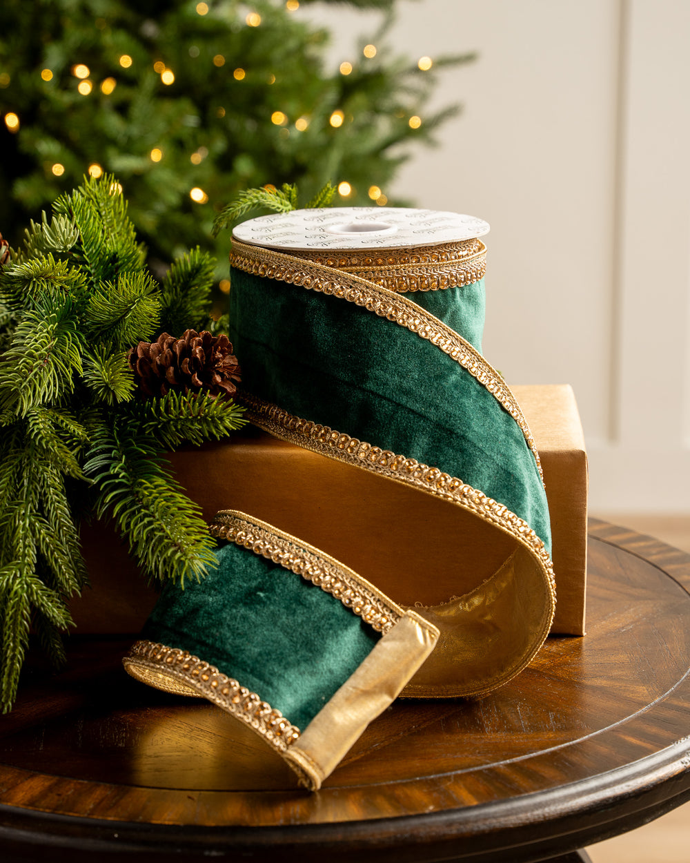 4" X 10YD Emerald Velvet Ribbon With Gold Crochet Trim