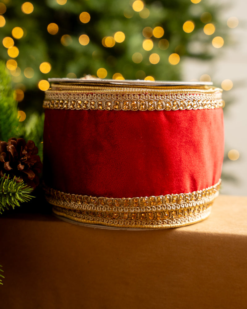 4" X 10YD Red Velvet Ribbon With Gold Crochet Trim