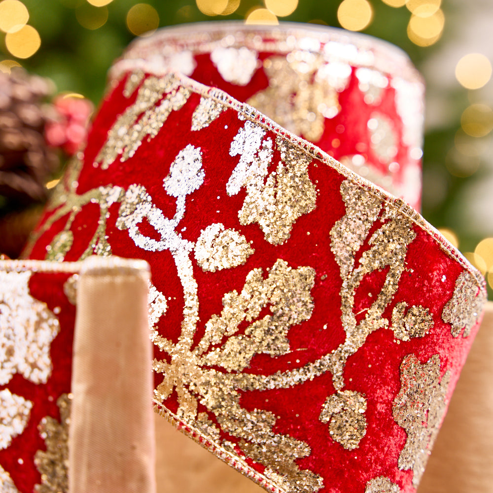 4" X 10YD Red Velvet Ribbon With Gold Glitter Holly Leaves