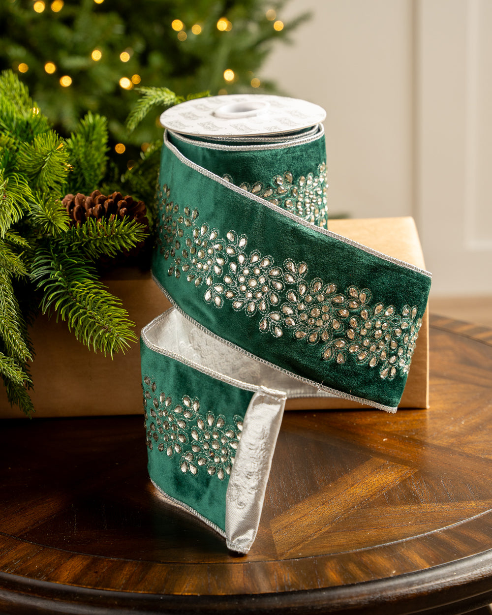 4" X 5YD Green Velvet Ribbon With Silver Floral Jewel