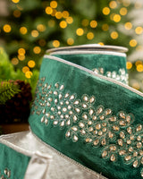 4" X 5YD Green Velvet Ribbon With Silver Floral Jewel