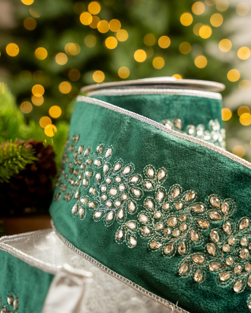 4" X 5YD Green Velvet Ribbon With Silver Floral Jewel