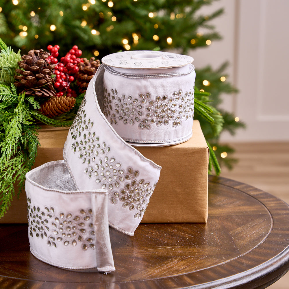 4" X 5YD White Velvet Ribbon With Embroidered Jewels & Silver Back