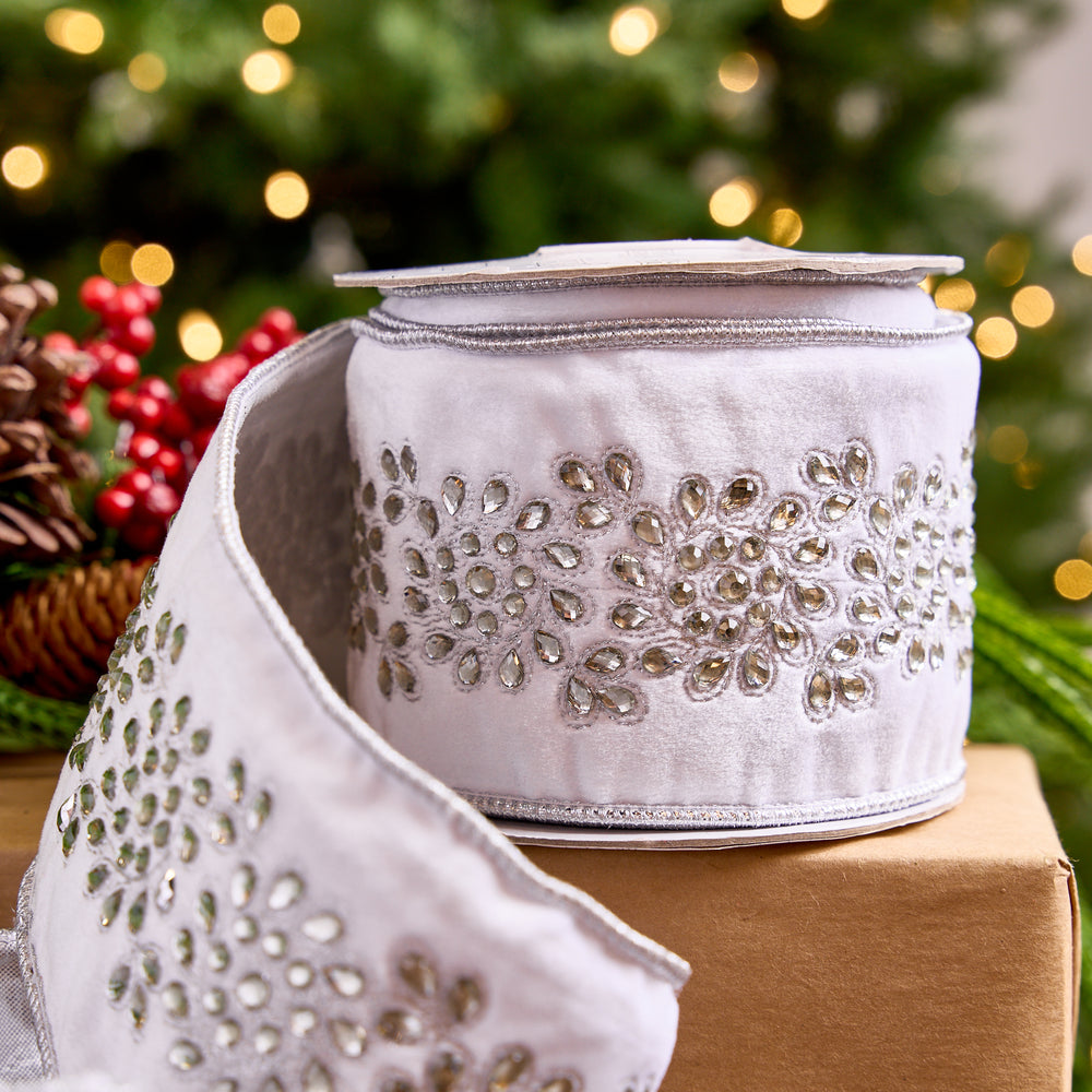 4" X 5YD White Velvet Ribbon With Embroidered Jewels & Silver Back